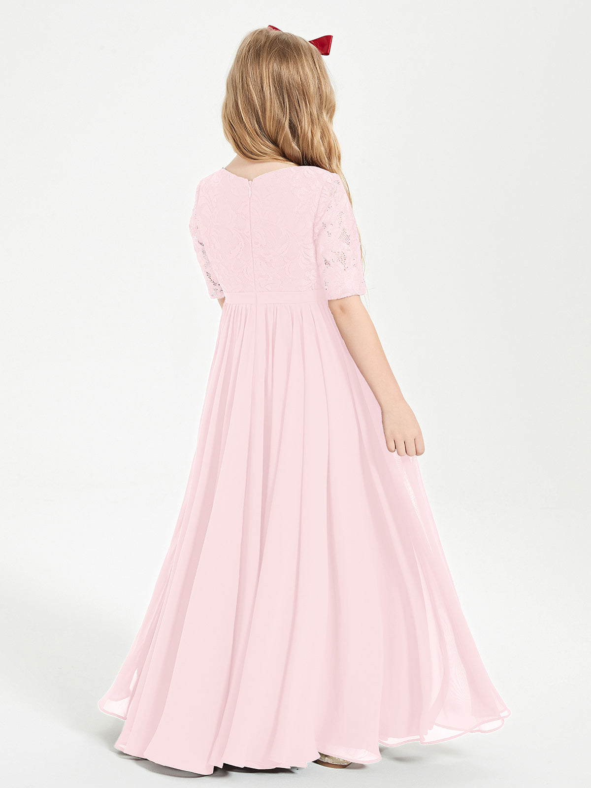 Lace Top Half Sleeved Junior Bridesmaids Dresses Blushing Pink